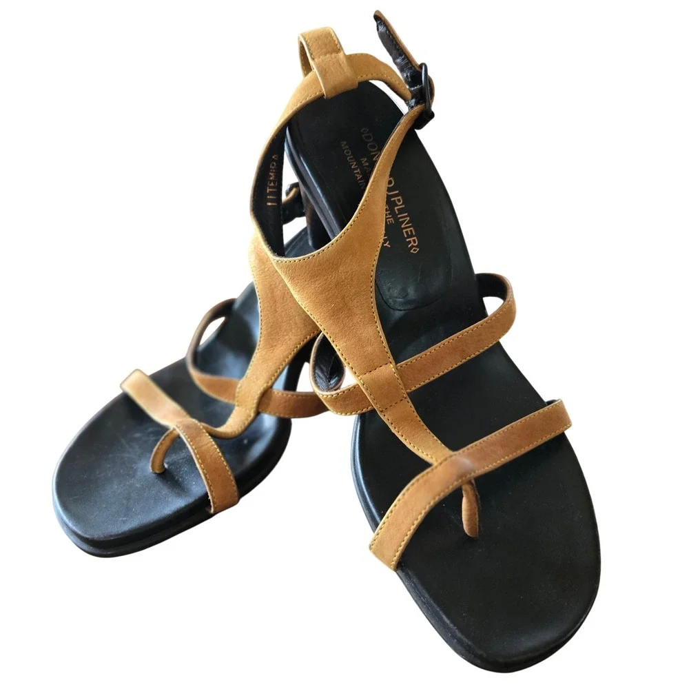 Donald J Pliner Temira Golden Tan Leather Strappy Toe Loop Kitten Heel Sandals 7